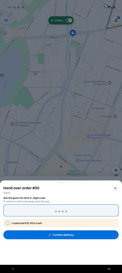 Übergabe in der Eatzino Fahrer-App mit dem Feld für den vierstelligen Code
