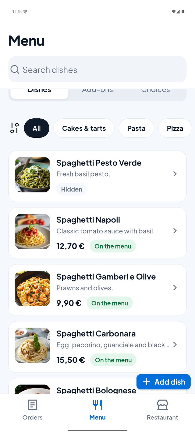 Eatzino Partner-App mit der Speisekarte, Preisen und dem Status „Auf der Karte“