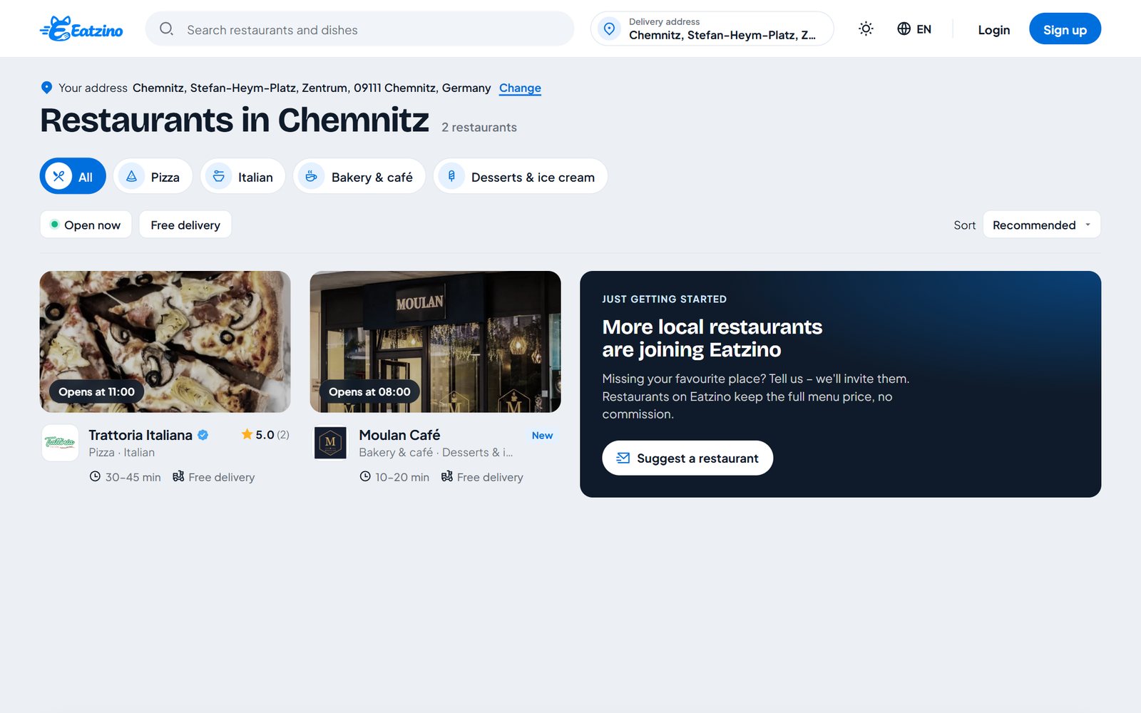 Restaurantliste auf eatzino.com mit Küchen und Restaurantkarten