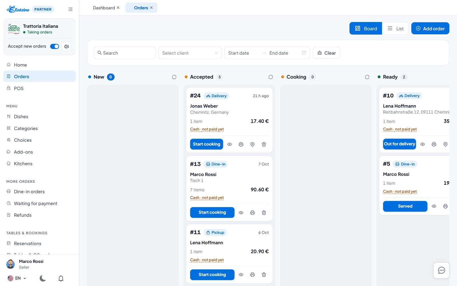 Bestellübersicht im Eatzino Partner-Dashboard