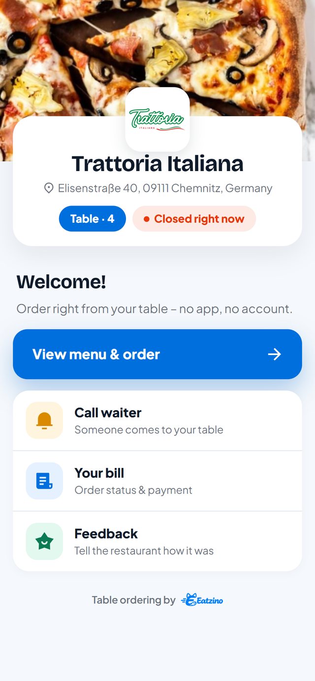 Startbildschirm des QR-Tischmenüs auf dem Handy