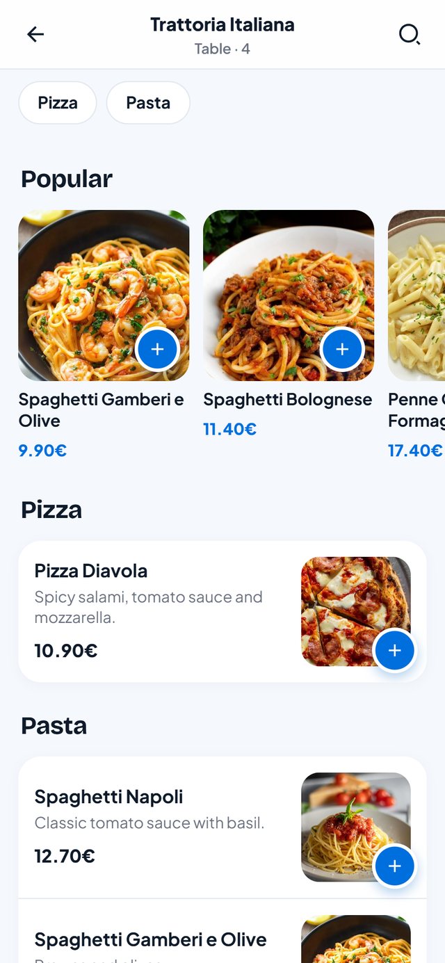 QR-Tischmenü auf dem Handy mit beliebten Gerichten, Kategorien und Hinzufügen-Knöpfen
