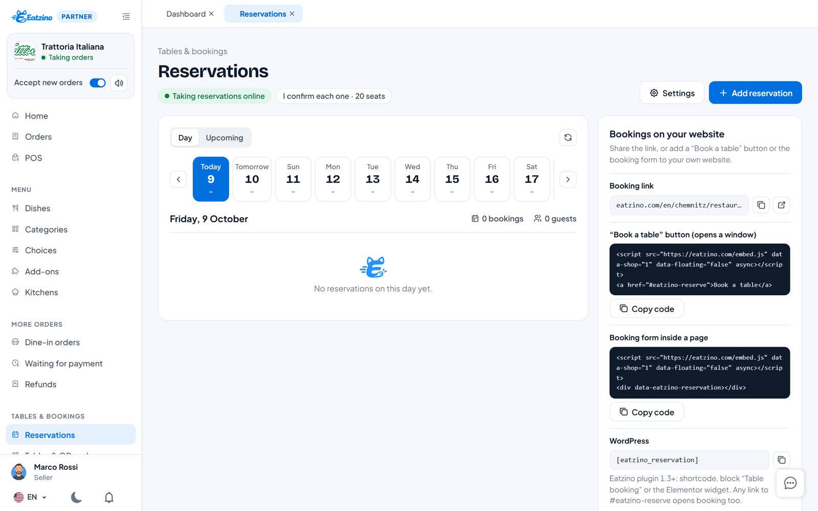 Reservierungsseite im Eatzino Partner-Dashboard mit Tagesleiste und Website-Karte