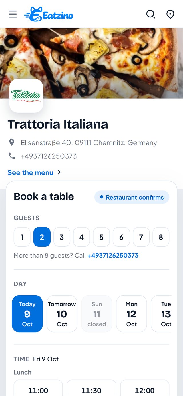 Tischreservierung auf dem Handy: Personen, Tag und Uhrzeiten für ein Restaurant auf Eatzino