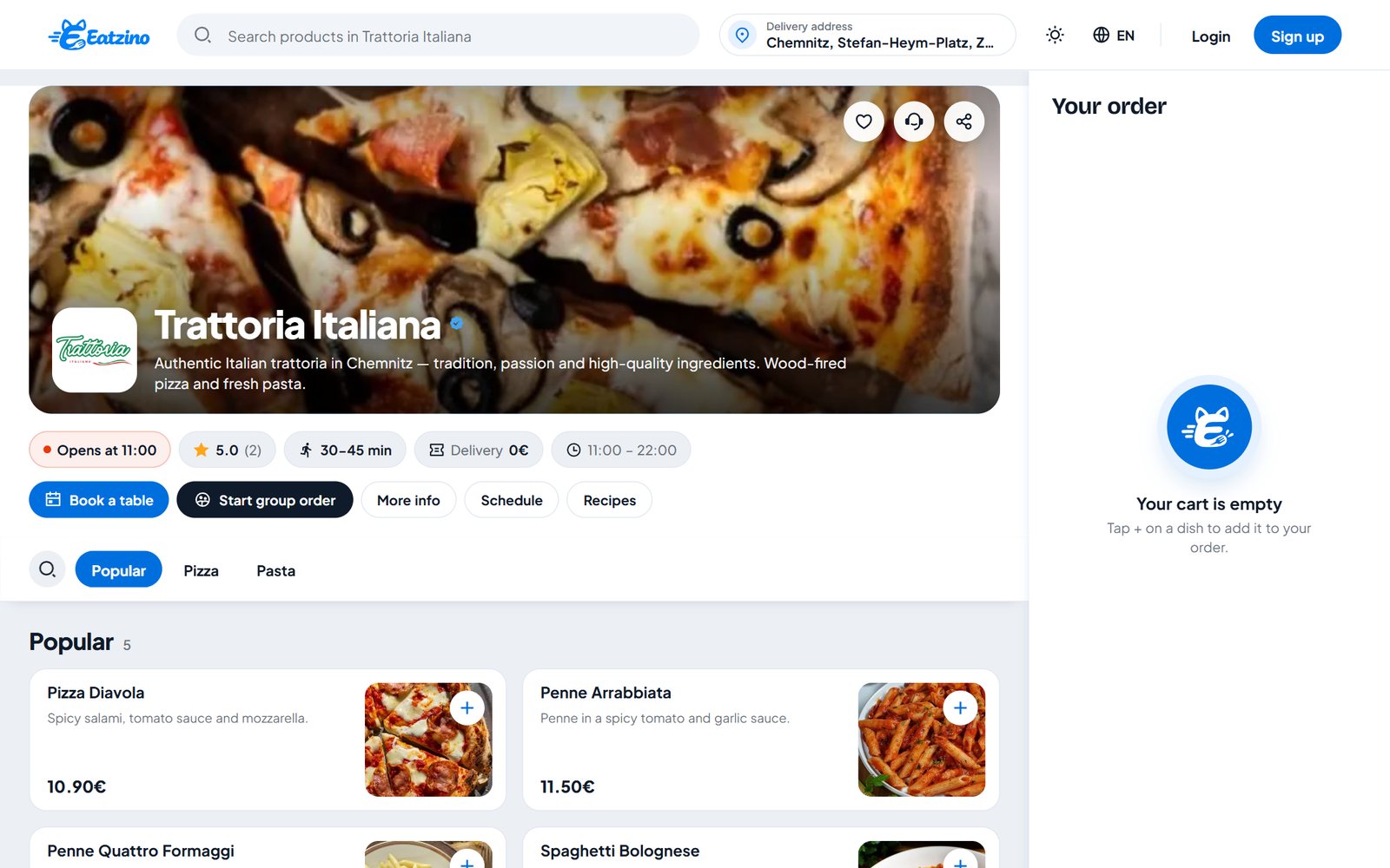 Eigene Bestellseite eines Restaurants auf Eatzino mit Titelbild, Speisekarte und Lieferzeit