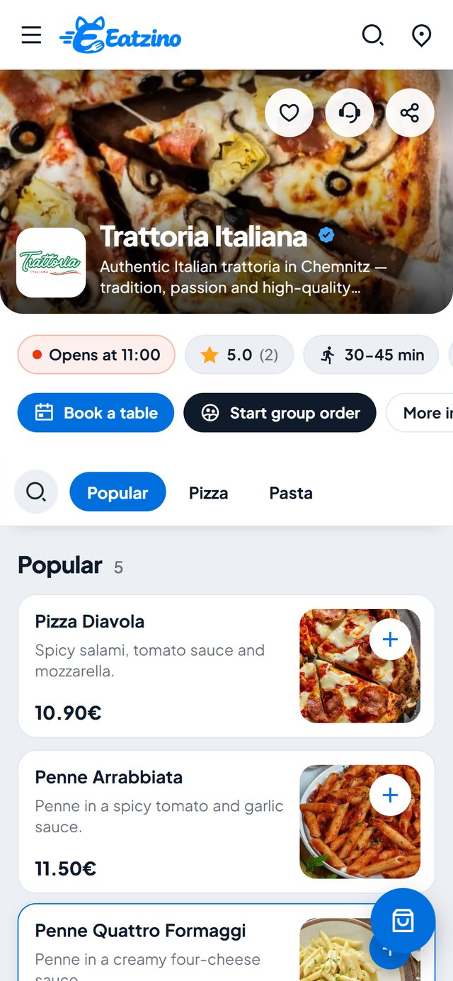 Restaurantseite auf dem Handy mit Kategorien und Gerichten