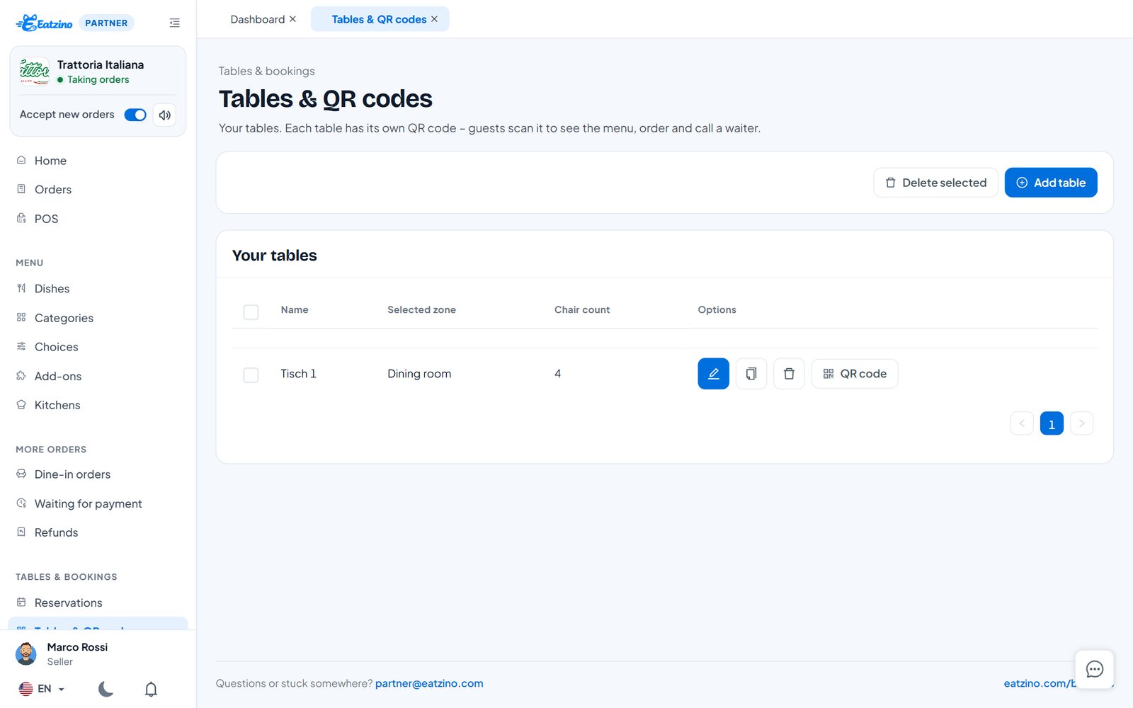 Seite „Tische & QR-Codes“ im Eatzino Partner-Dashboard
