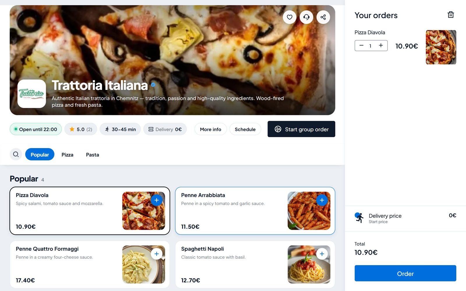 Eatzino Bestell-Widget, geöffnet auf der Website eines Restaurants